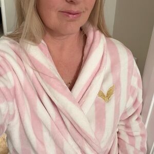 Victoria's Secret Pink & White Striped Plush Robe with Gold Emblem